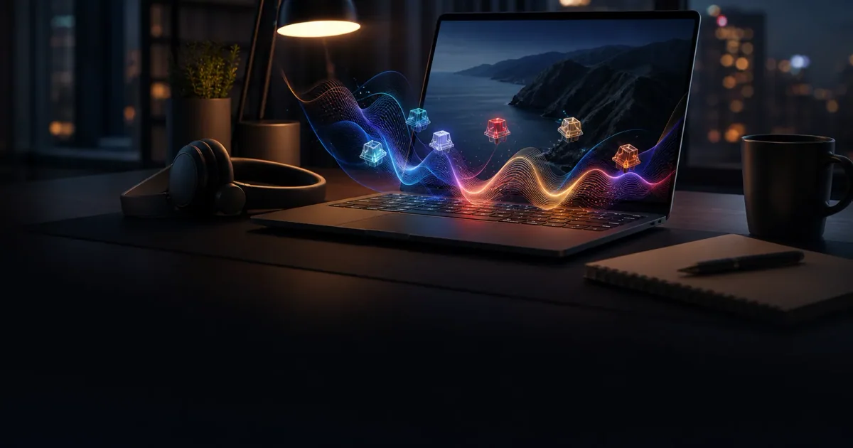 Late-night Mac typing setup with private mechanical keyboard sounds