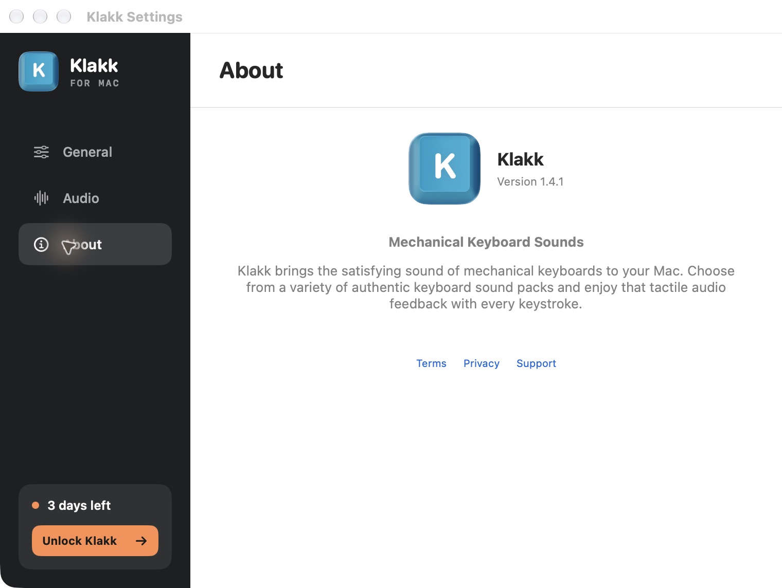 KlakkのMac版About画面。英語UIでVersion 1.4.1と3日間体験が表示されている