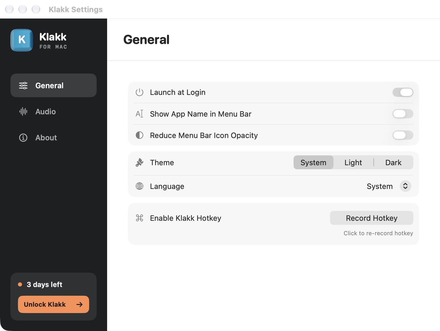 Klakk Mac 1.4.1 General settings showing the Launch at Login switch