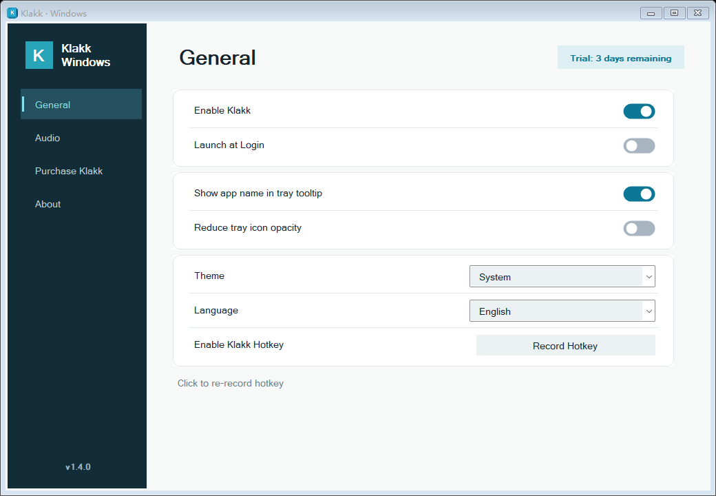 Klakk for Windows: General settings, with Audio and Purchase Klakk in the sidebar